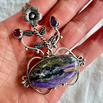 925 Growth + Transformation Charoite Flower Pendant Necklace