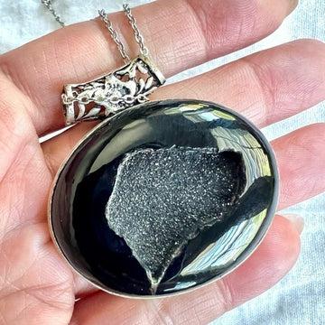 925 Protection Black ONYX Druzy Crystal Necklace Pendant