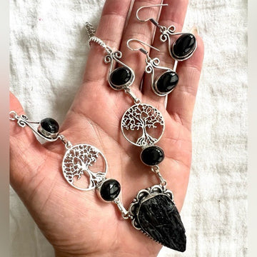 925 Necklace + Earring SET! Tree of Life Black Tourmaline + Onyx
