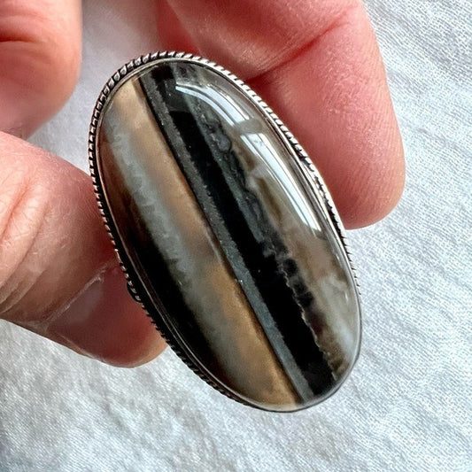 925 Banded Black Onyx Chalcedony Ring 7