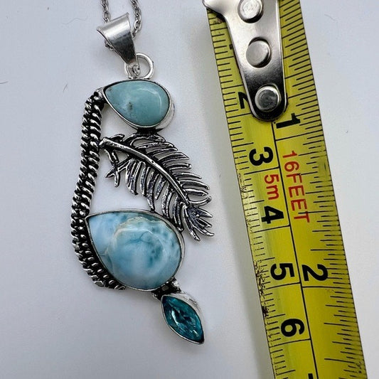 925 Caribbean Larimar + Feather Blue Topaz Necklace Pendant