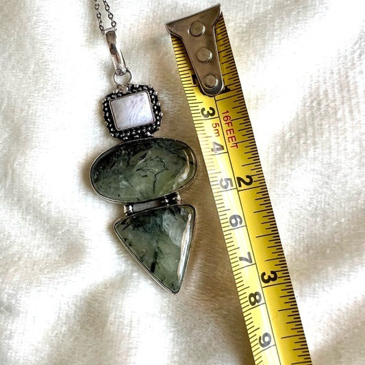 925 MOSS PREHNITE + Rainbow Moonstone Pendant Necklace