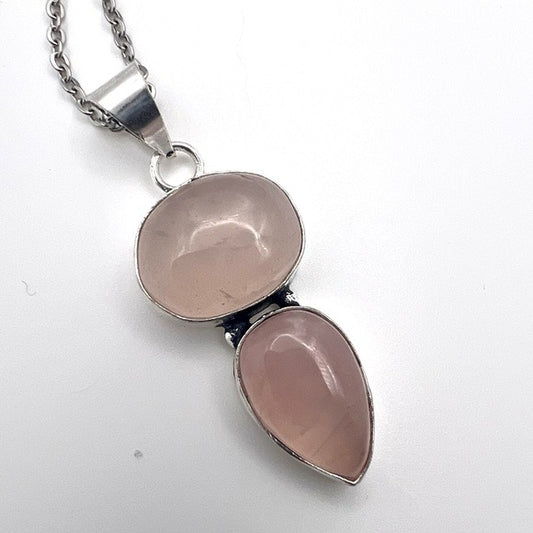 925 Simple Sweet Double Rose Quartz Pendant Necklace