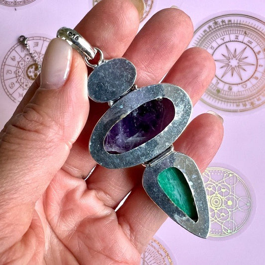 925 Triple Stone! Rainbow Moonstone + Amethyst + Amazonite Pendant Necklace