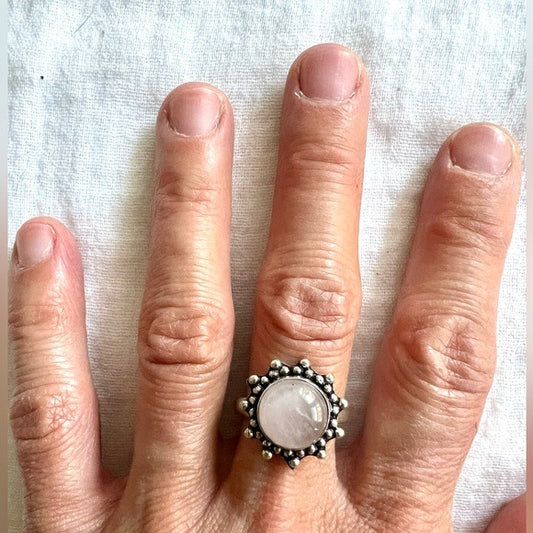 925 Dainty Rose Quartz Sunburst Ring 7.25