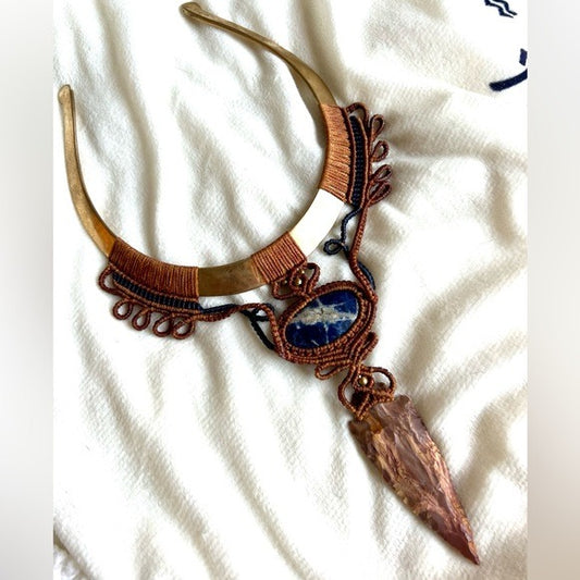 HIGH PRIESTESS Brass + Hemp SODALITE + Jasper Spear Necklace Collar