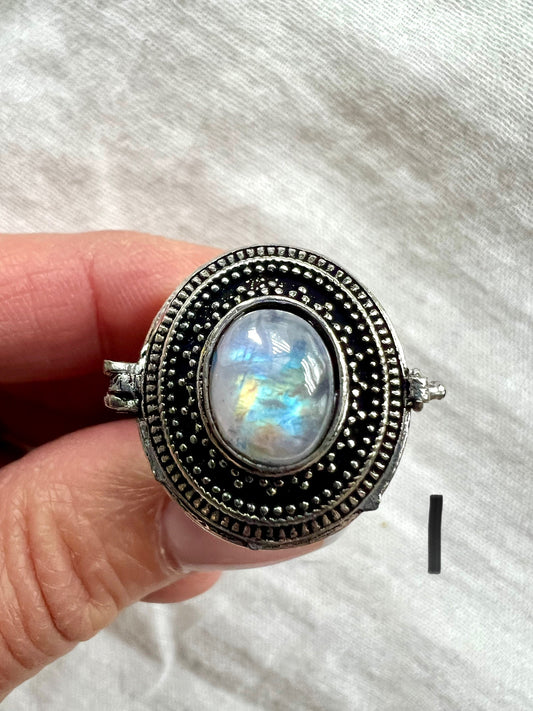 925 Rainbow Flash Moonstone Poison Locket Ring 8