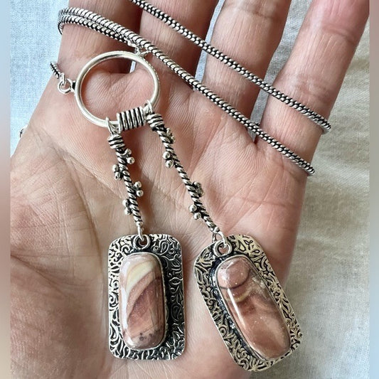 925 Spiritual Double Rhyolite Lariat Style Necklace