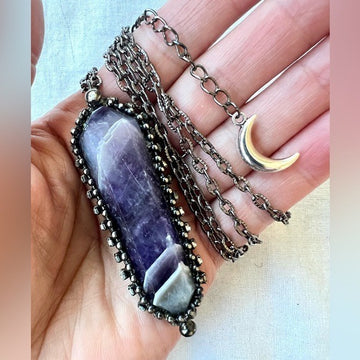 WOW! Massive Dream Amethyst Pendant Crescent Moon Necklace