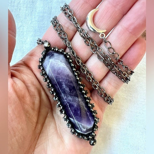 WOW! Massive Dream Amethyst Pendant Crescent Moon Necklace