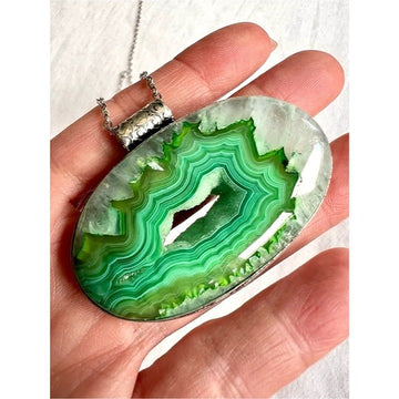 925 Micro Quartz Crystals + Bright Green Banded Agate Solar Pendant Necklace