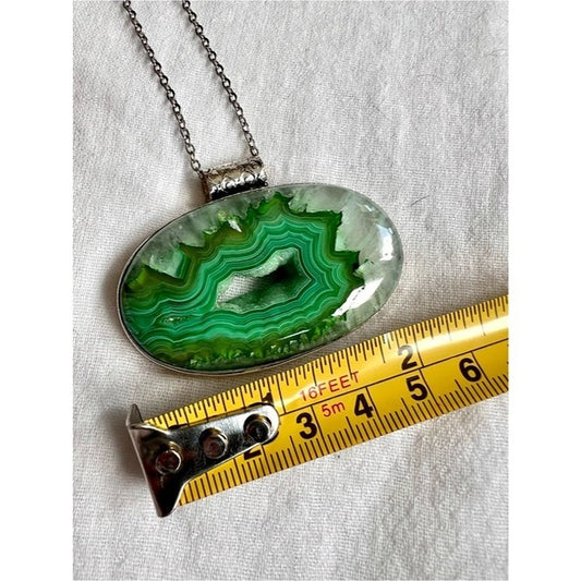 925 Micro Quartz Crystals + Bright Green Banded Agate Solar Pendant Necklace