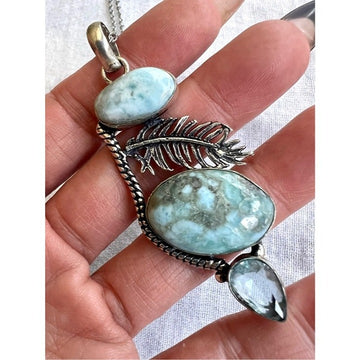 925 Bohemian Double Caribbean LARIMAR Feather Pendant Necklace
