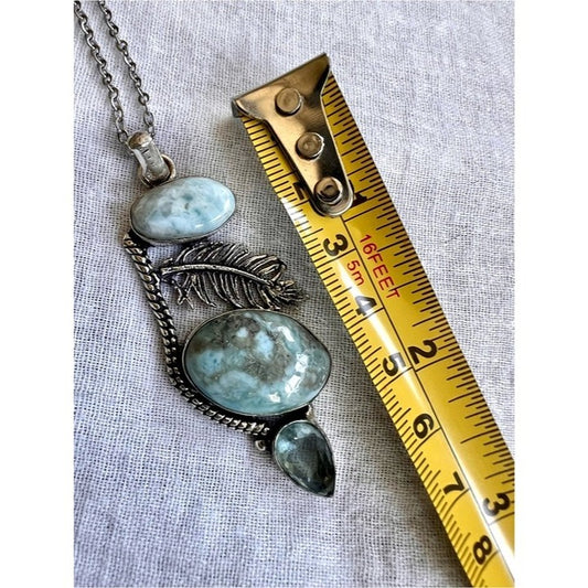 925 Bohemian Double Caribbean LARIMAR Feather Pendant Necklace