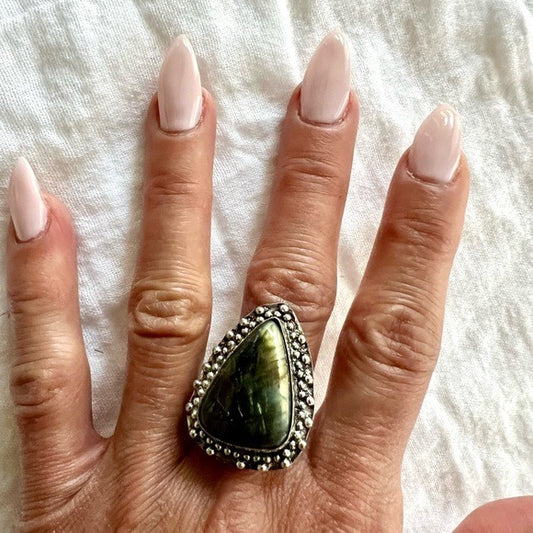 925 Chunky Teardrop Flash Labradorite Ring 8.5