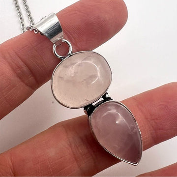 925 Simple Sweet Double Rose Quartz Pendant Necklace