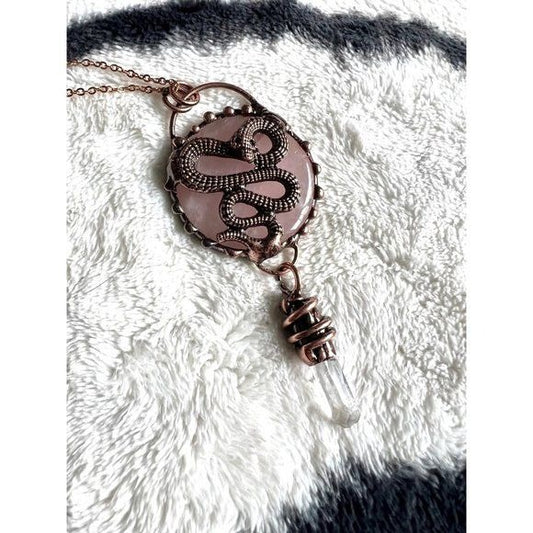 Divine LOVE Rose Quartz + CLear Quartz Point Serpent Snake Pendant Necklace