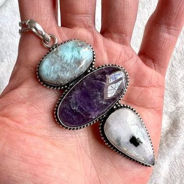 925 WOW! 🤩 Larimar + Amethyst + Rainbow Moonstone Pendant Necklace