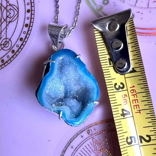 925 Blue Geode Solar Micro Quartz Pendant Necklace