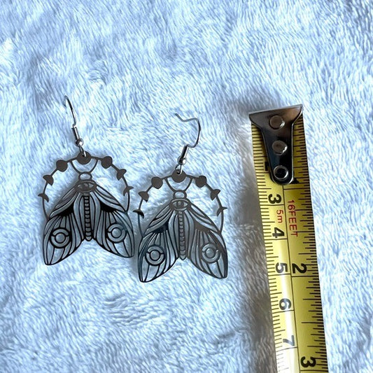 Mystical Moon Moth Lunar Cycle Stainless Steel Earrings
