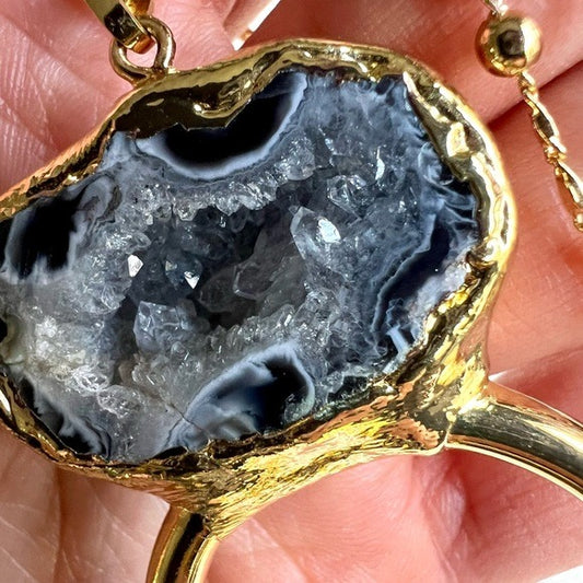 925 14K Gold Plated Mercury Quartz Geode Pendant Necklace