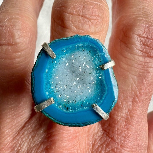 925 Feminine Blue Solar Quartz Geode Ring 6.75