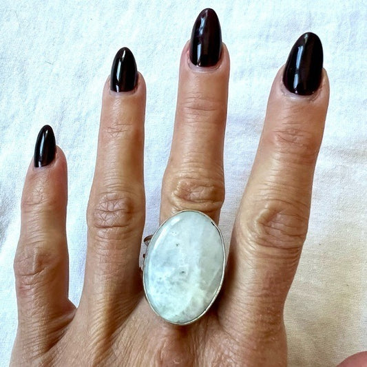 925 Rainbow Moonstone Tri-Band Ring 10.5