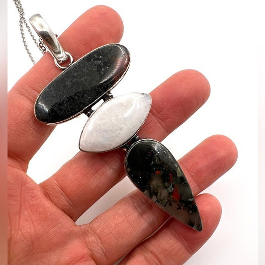 925 Huge Dragons Bloodstone + Moonstone Necklace Pendant