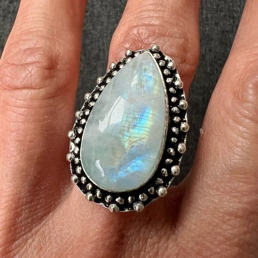 925 OMG OMG Rainbow FLASH Moonstone Ring 7.25