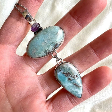 925 Dpuble Caribbean Larimar + Amethyst Necklace Pendant