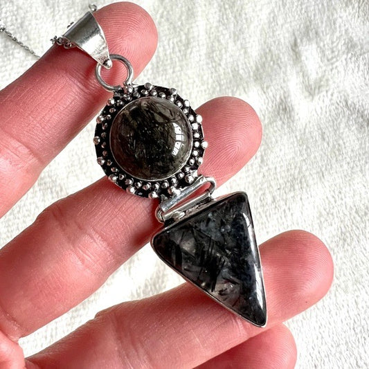 925 Double Tourmalated Black Rutile Quartz Pendant Necklace