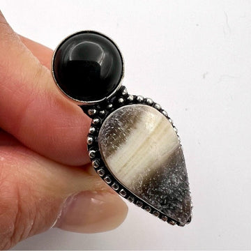 925 Onyx + African Zebra Calcite Ring 6.75