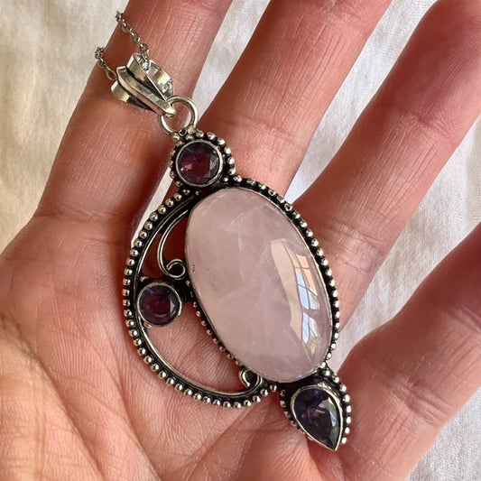 925 Unconditional LOVE Rose Quartz + Amethyst Pendant Necklace