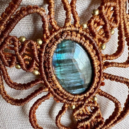 Rust Handwoven Hemp + Flash Labradorite Necklace Pendant