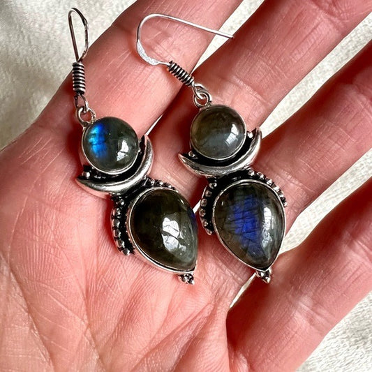 925 Dark Labradorite Blue Flash Angel Earrings