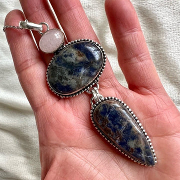 925 MASSIVE! Spiritual Sodalite + Rose Quartz Pendant Necklace