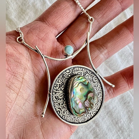 925 Mermaid Goddess! Healing Abalone + Larimar Necklace Pendant