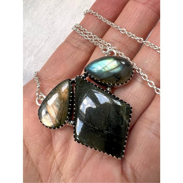 925 Multi Flash Labradorite Triple Stone Pendant Necklace
