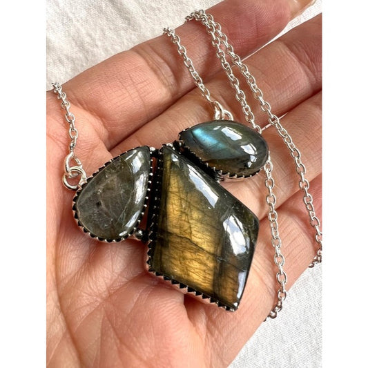 925 Multi Flash Labradorite Triple Stone Pendant Necklace