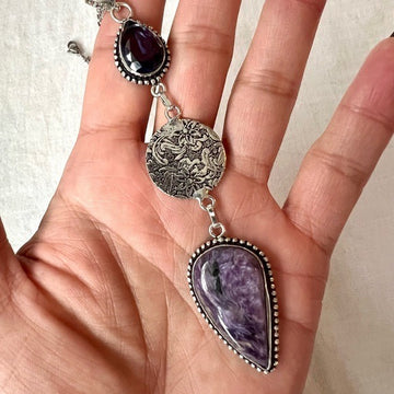 925 Long Cleavage Charoite Mandala Amethyst Pendant Necklace