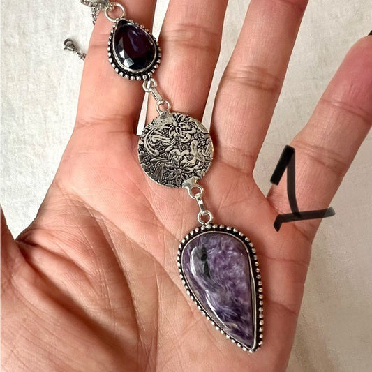 925 Long Cleavage Charoite Mandala Amethyst Pendant Necklace