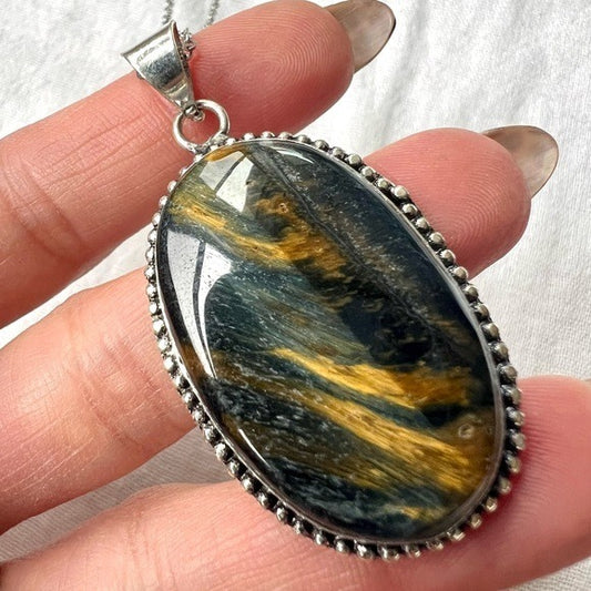 925 STUNNING Blue Black + Brown TIGERS EYE Necklace Pendant