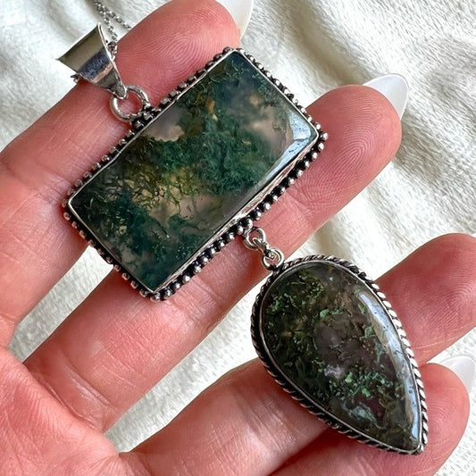 925 Earth Stone! Double Moss Agate Pendant Necklace