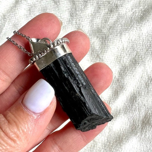 925 The SHIELD! Raw Black Tourmaline Tower Pendant Necklace