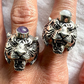 925 TIGER Spirit Animal! Flash Moonstone or Amethyst Ring 8 9