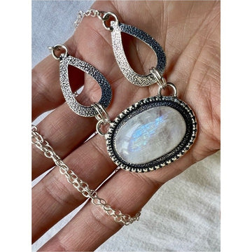 925 Rainbow Flash Moonstone Statement Necklace
