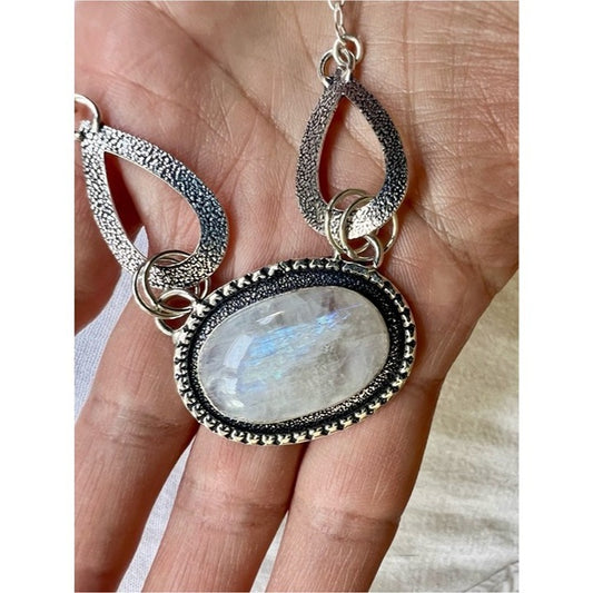 925 Rainbow Flash Moonstone Statement Necklace