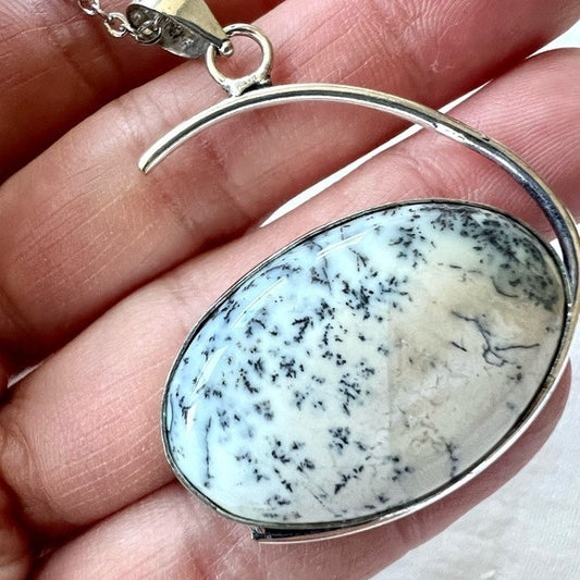 925 Elemental Dendritic Agate Moon Pendant Necklace