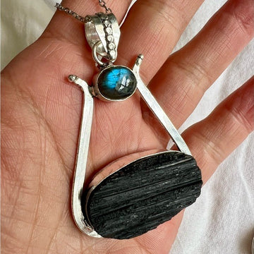 925 Natures SHIELD! Raw Black Tourmaline + Flash Labradorite Necklace Pendant