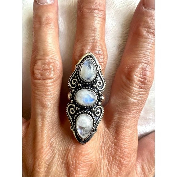 925 Elegant 3 Stone Flash Moonstone Ring 8, 9.25